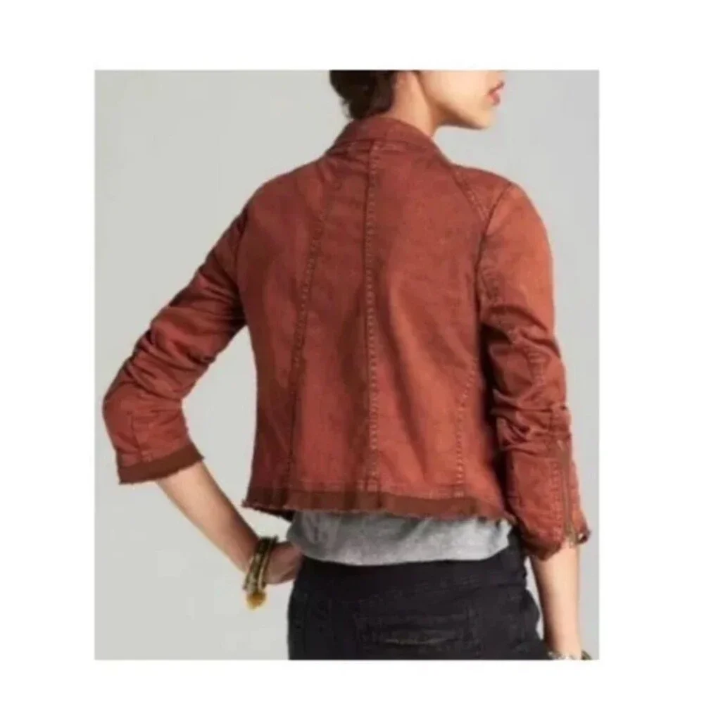 Free People Rust Orange Collapsing Twill Raw Hem Moto Jacket Boho Utility Small
